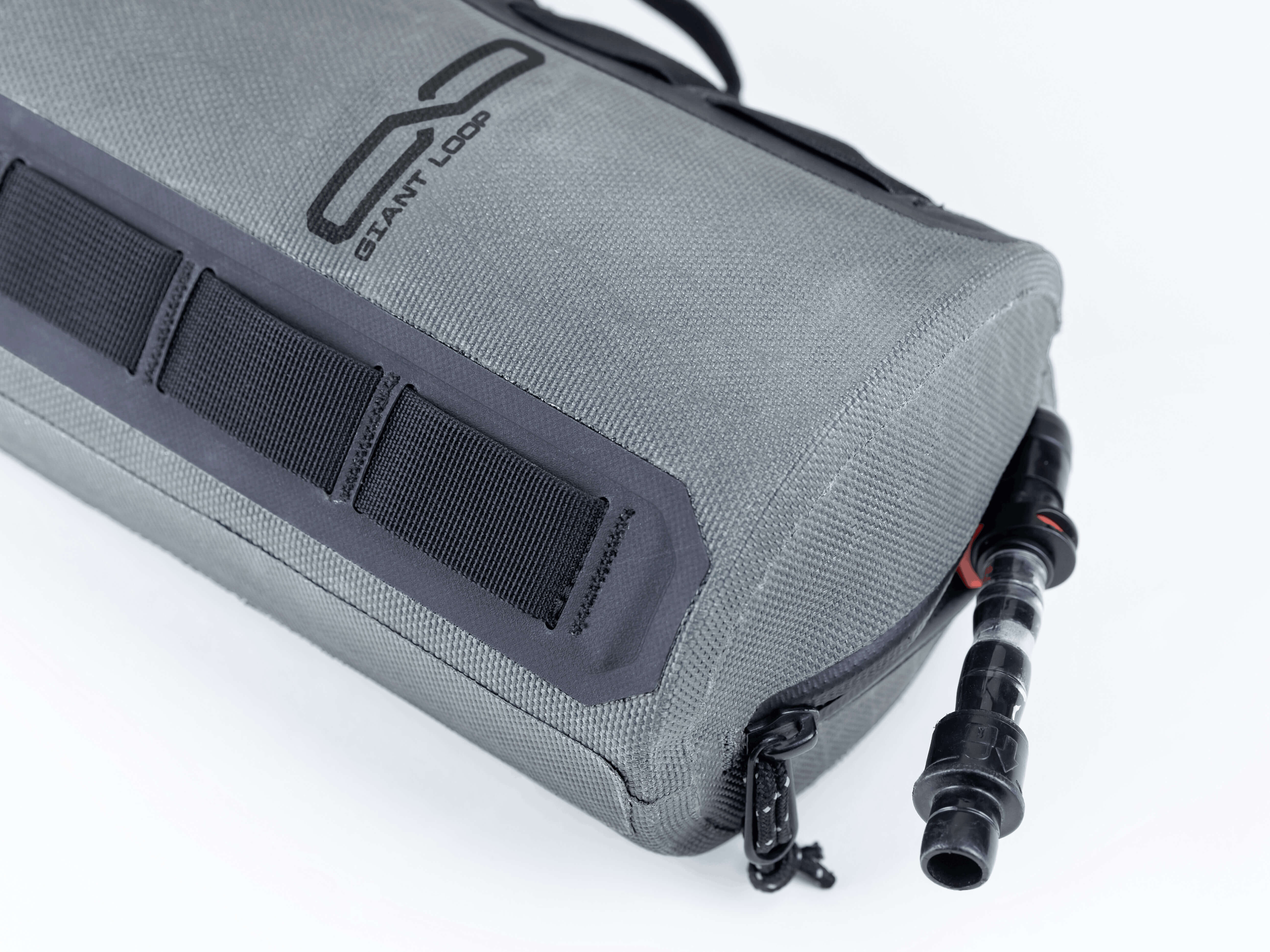 Gray bag with black accents and a brand logo on a white background