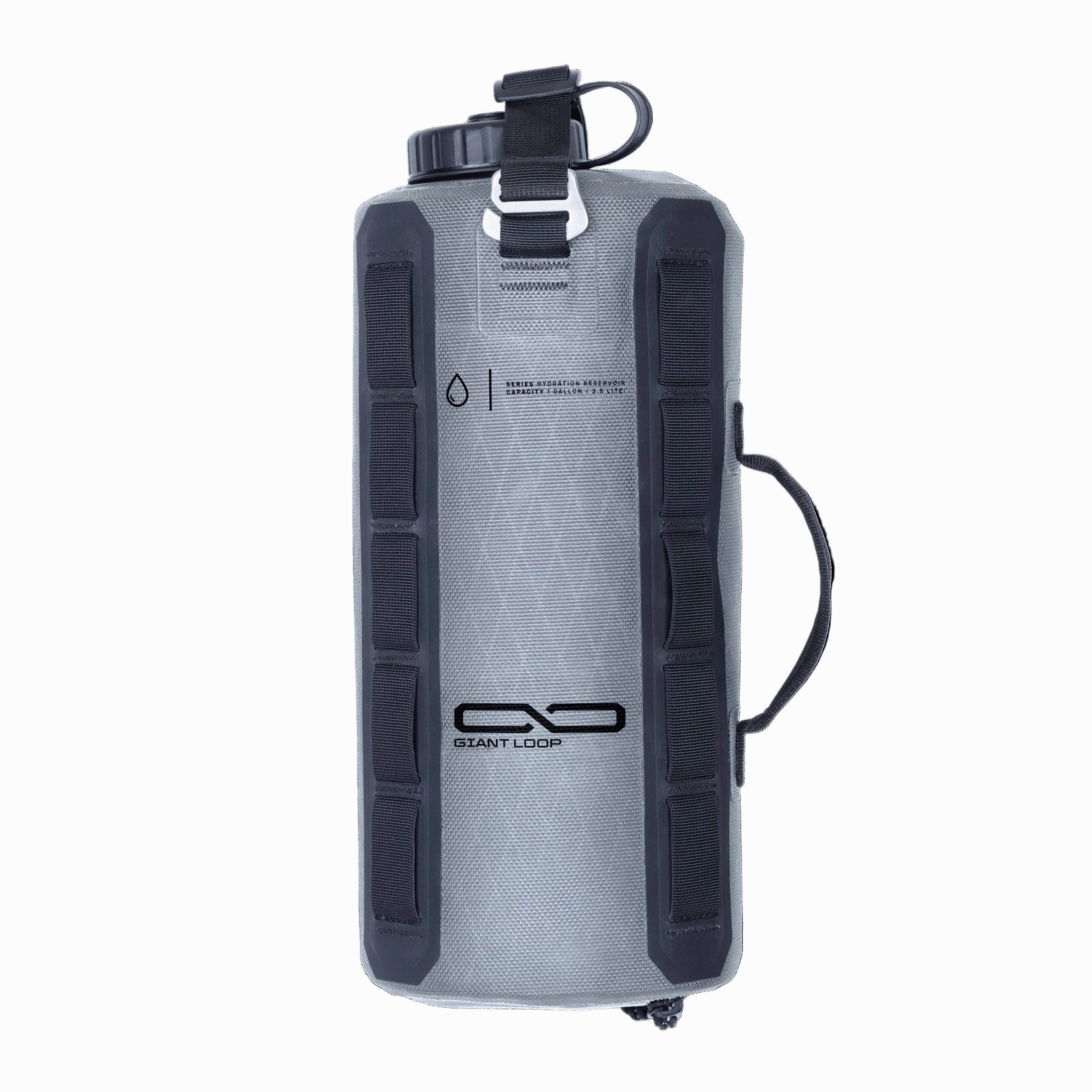 Gray water bag for mototrcycles with black accents on a white background
