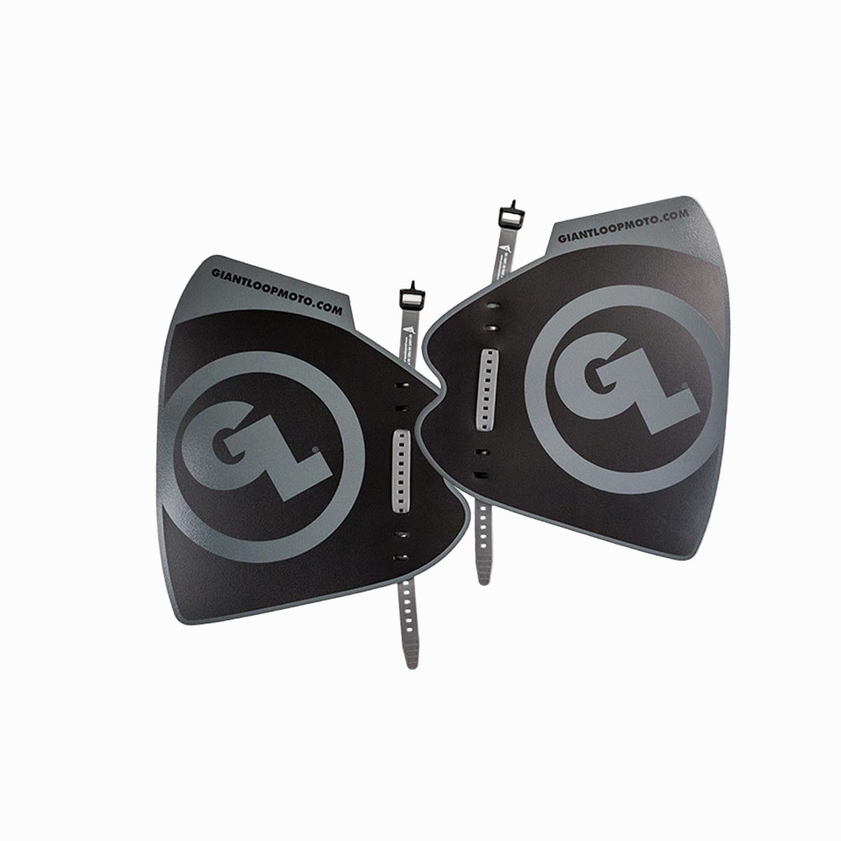 A pair of black motorcycle hand guards with a geometric pattern and the Giant Loop logo on the upper corner.