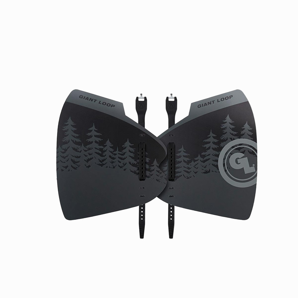 A pair of black motorcycle hand guards with a tree pattern and the Giant Loop logo on the upper corner.