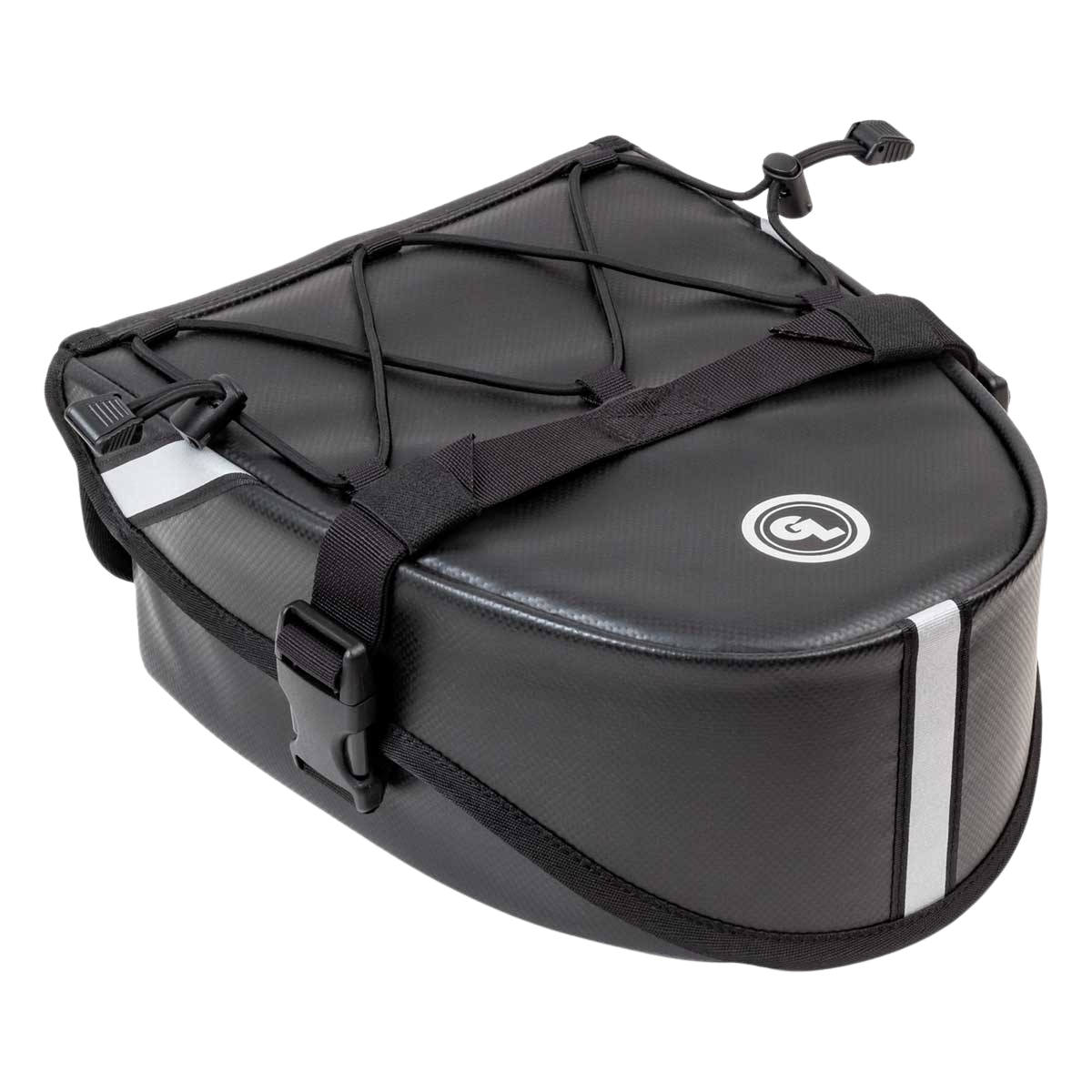 Black motorcycle saddlebag with a visible brand logo on a white background