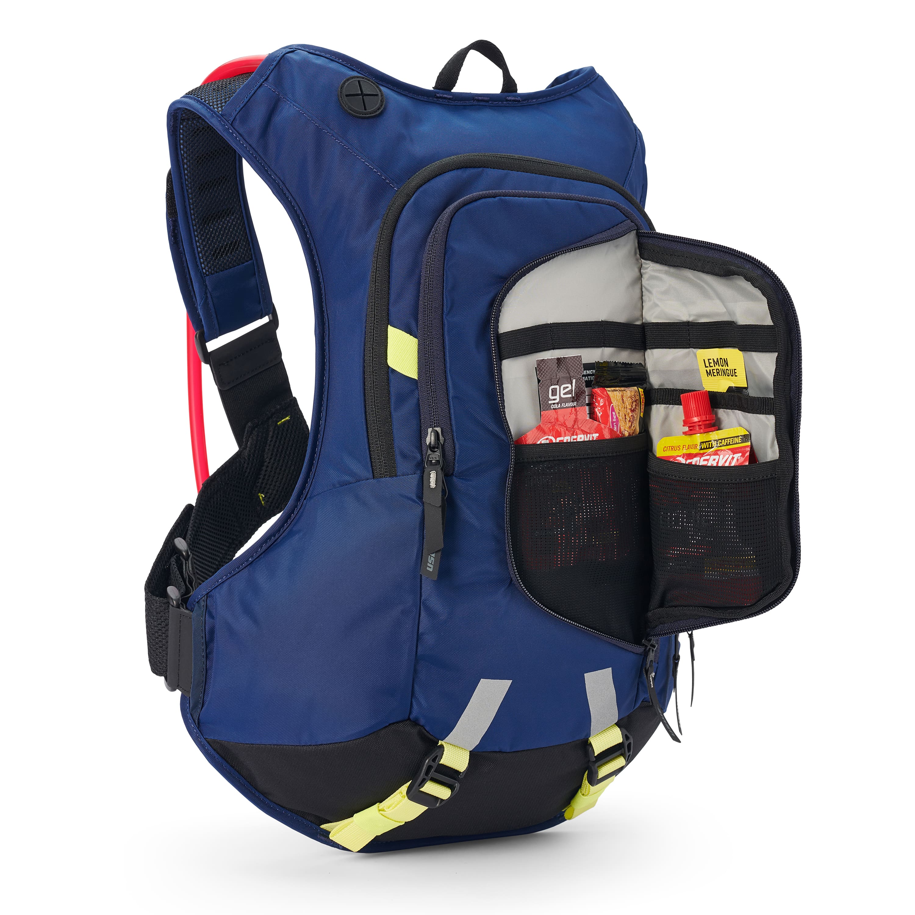 USWE Moto Hydro 12L hydration pack in navy blue with yellow waist buckles and reflective patches, front organizer pocket unzipped to show energy gels and nutrition bars stored in black mesh compartments with elastic retention straps, red hydration reservoir visible at top.
