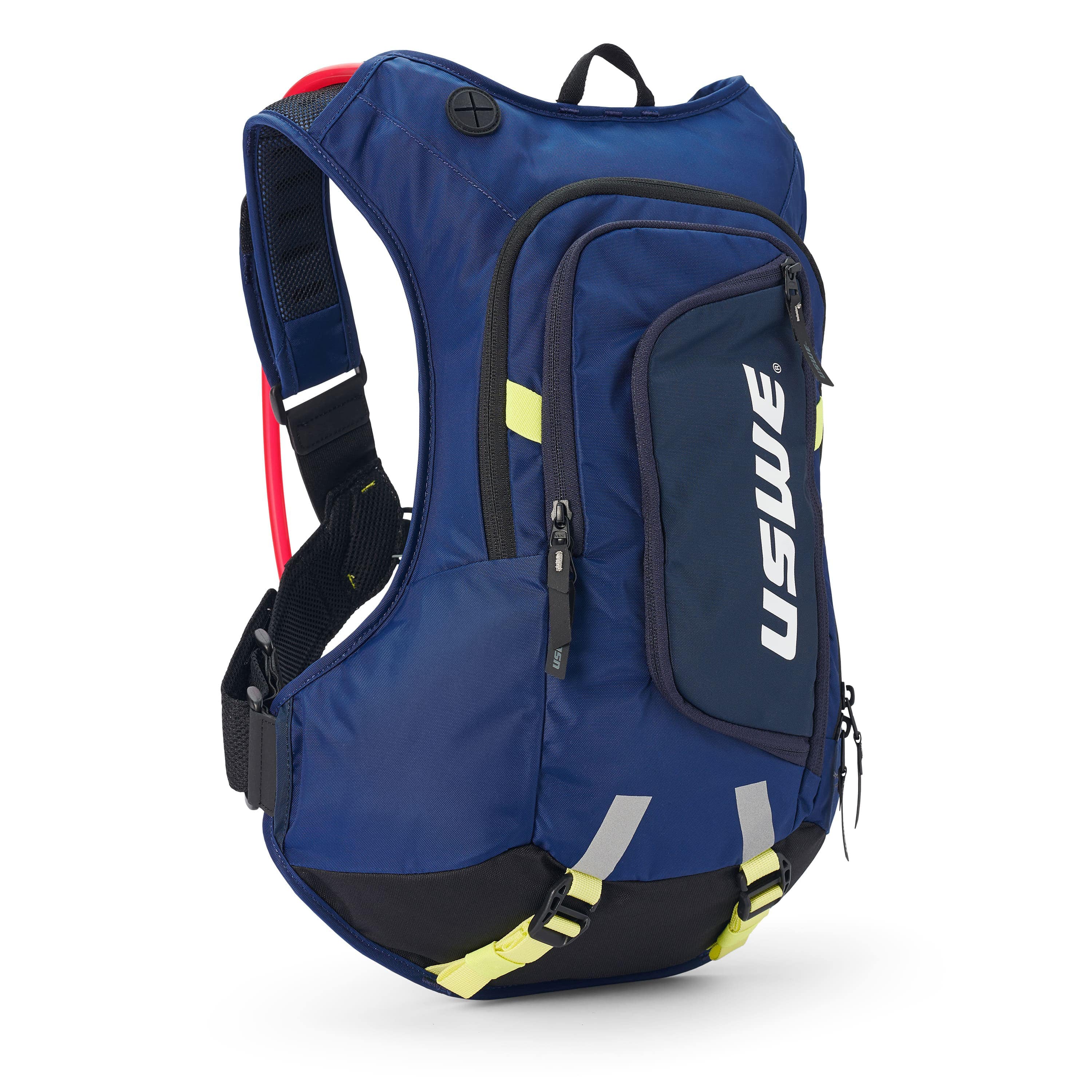 USWE Moto Hydro 12L hydration pack in navy blue with neon yellow bottom straps, red hydration bladder visible at top, and white USWE branding on front zippered pocket, displayed at three-quarter angle showing elastic shoulder harness and compact race fit design.