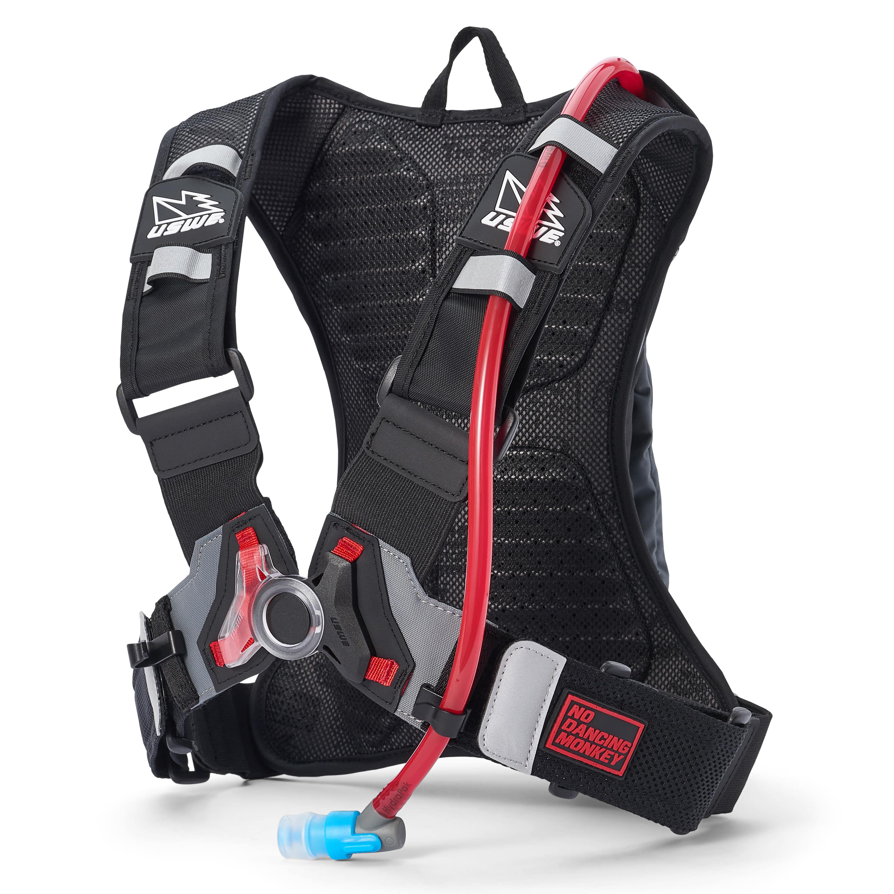 USWE Moto Hydro 3L hydration pack shown from rear angle displaying ventilated mesh back panel, elastic shoulder straps with reflective gray accents, NDM buckle system, and No Dancing Monkey waist belt with red logo patch.