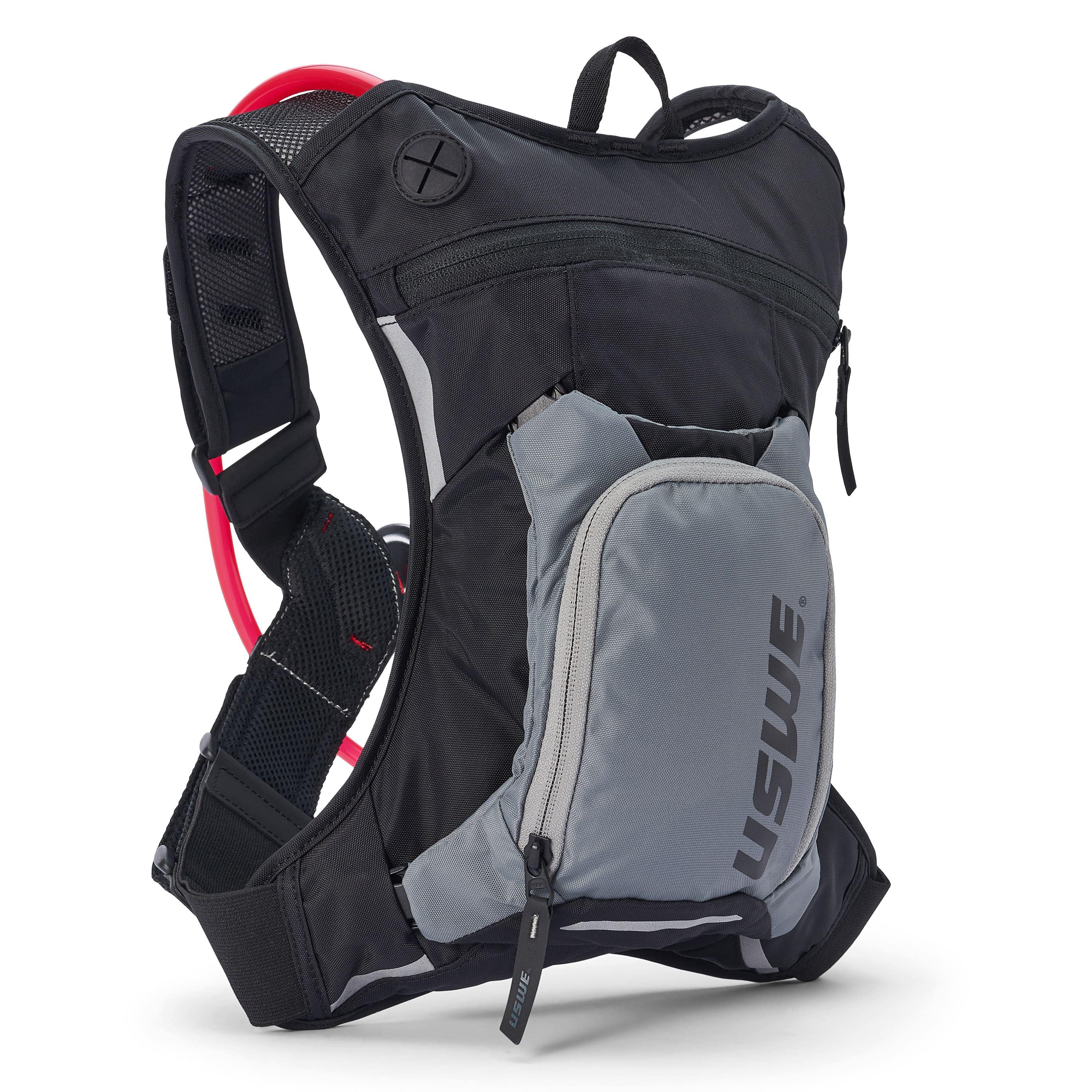USWE Moto Hydro 3L hydration pack in black and gray with detachable front organizer pocket, mesh shoulder straps, and red hydration bladder visible inside main compartment.