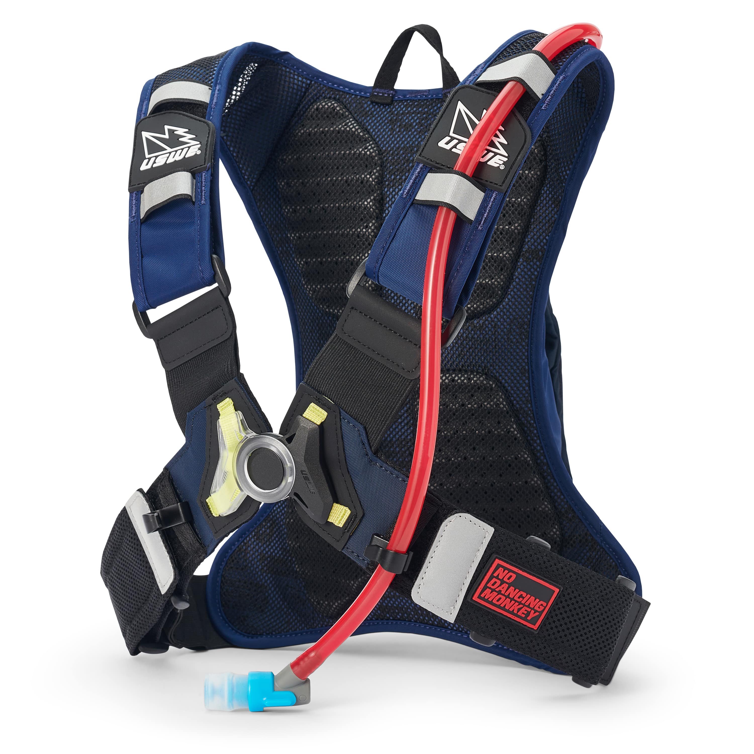 USWE Moto Hydro 3L hydration pack in blue with ventilated black mesh back panel, elastic shoulder straps with reflective gray accents, red hydration tube with blue bite valve, and No Dancing Monkey waist belt featuring red logo patch.