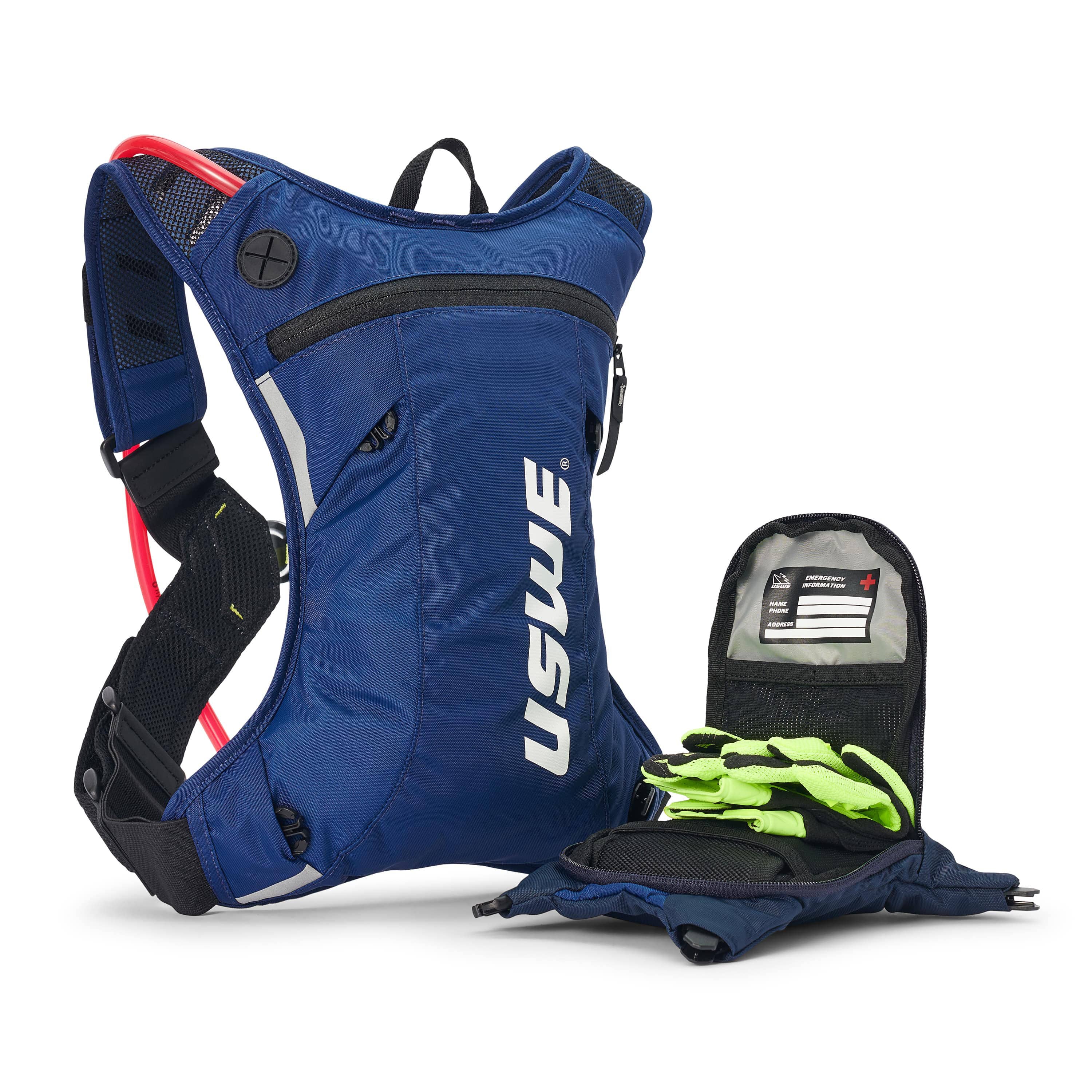 USWE Moto Hydro 3L hydration pack in blue with detachable front organizer pocket unzipped to display emergency information card and neon yellow gloves, shown alongside blue waist belt with black buckle hardware.