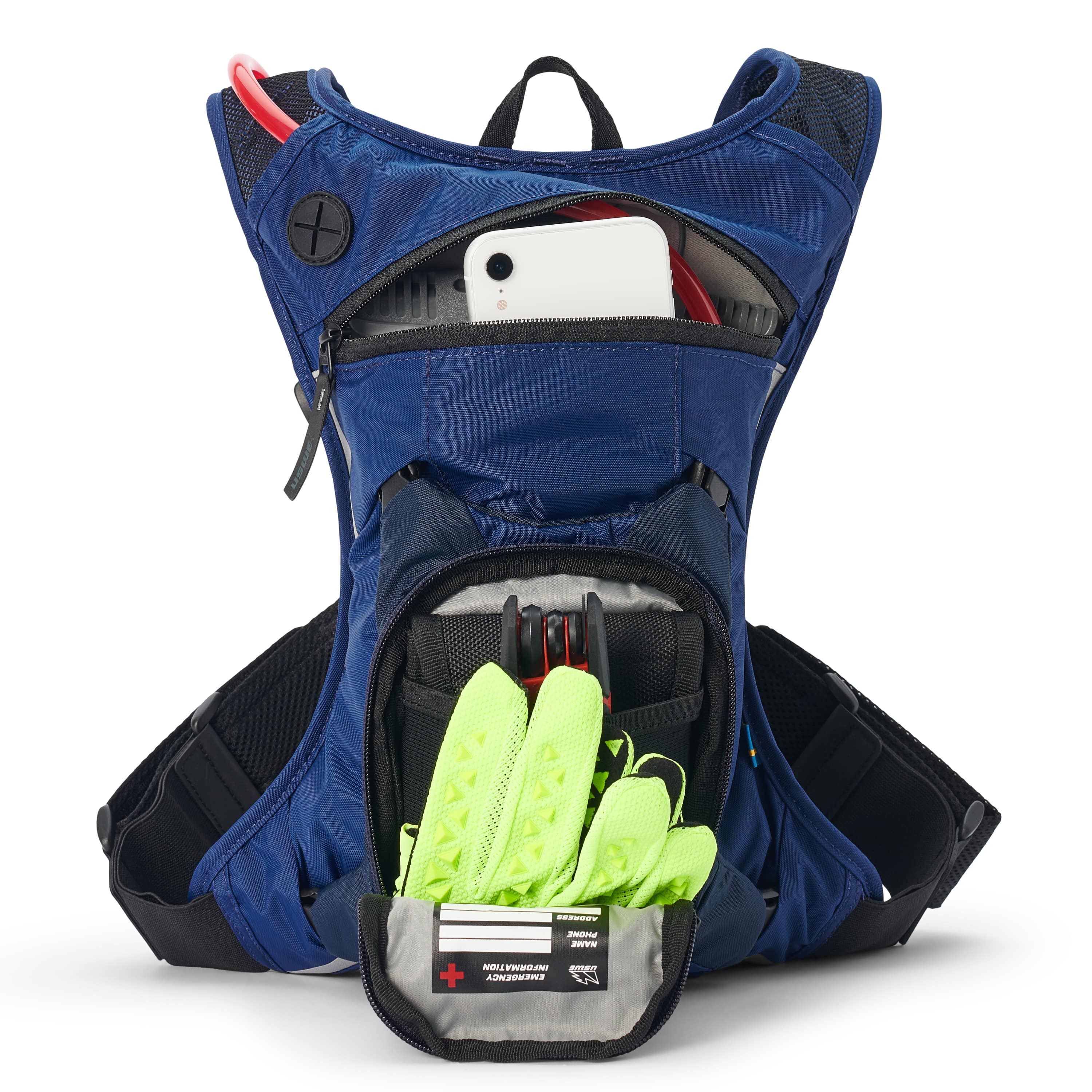 USWE Moto Hydro 3L hydration pack in blue shown fully opened with white smartphone in upper zippered pocket and neon yellow gloves with emergency information card stored in lower detachable organizer compartment, displaying black waist belt with adjustable buckles.