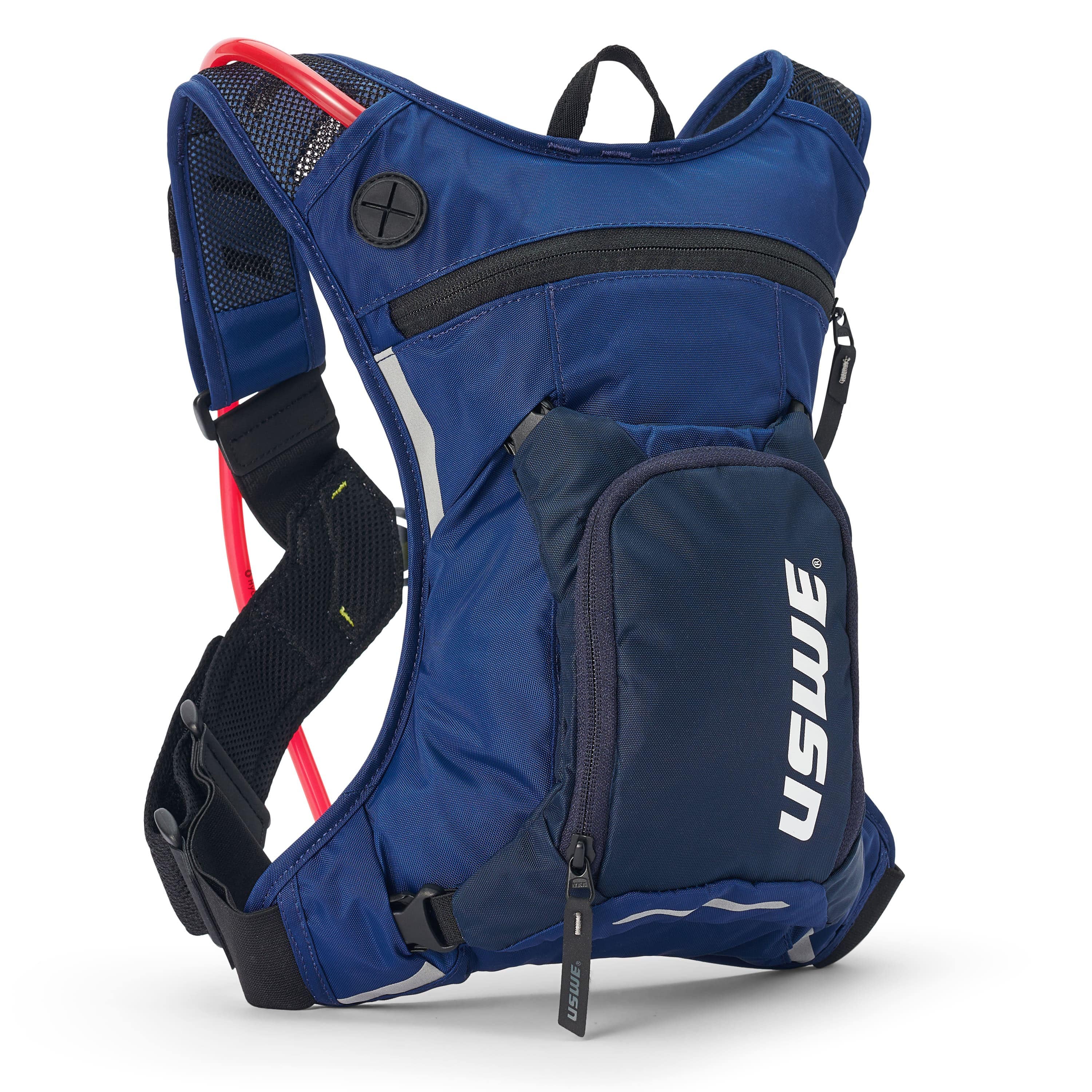 USWE Moto Hydro 3L hydration pack in blue colorway with red hydration tube extending from mesh shoulder pocket, black elastic NDM harness straps with reflective details, and white USWE branding on front organizer pocket.