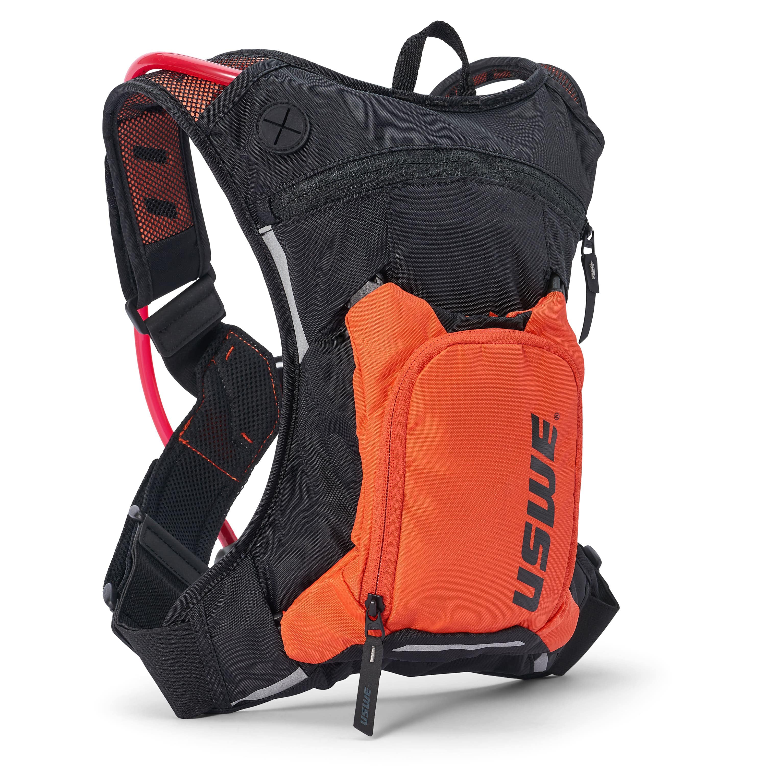 USWE Moto Hydro 3L hydration pack in black and orange colorway featuring bright orange detachable front organizer pocket with vertical USWE logo, mesh shoulder straps with orange and red accents, red hydration bladder visible through mesh side panel, and reflective gray trim details.