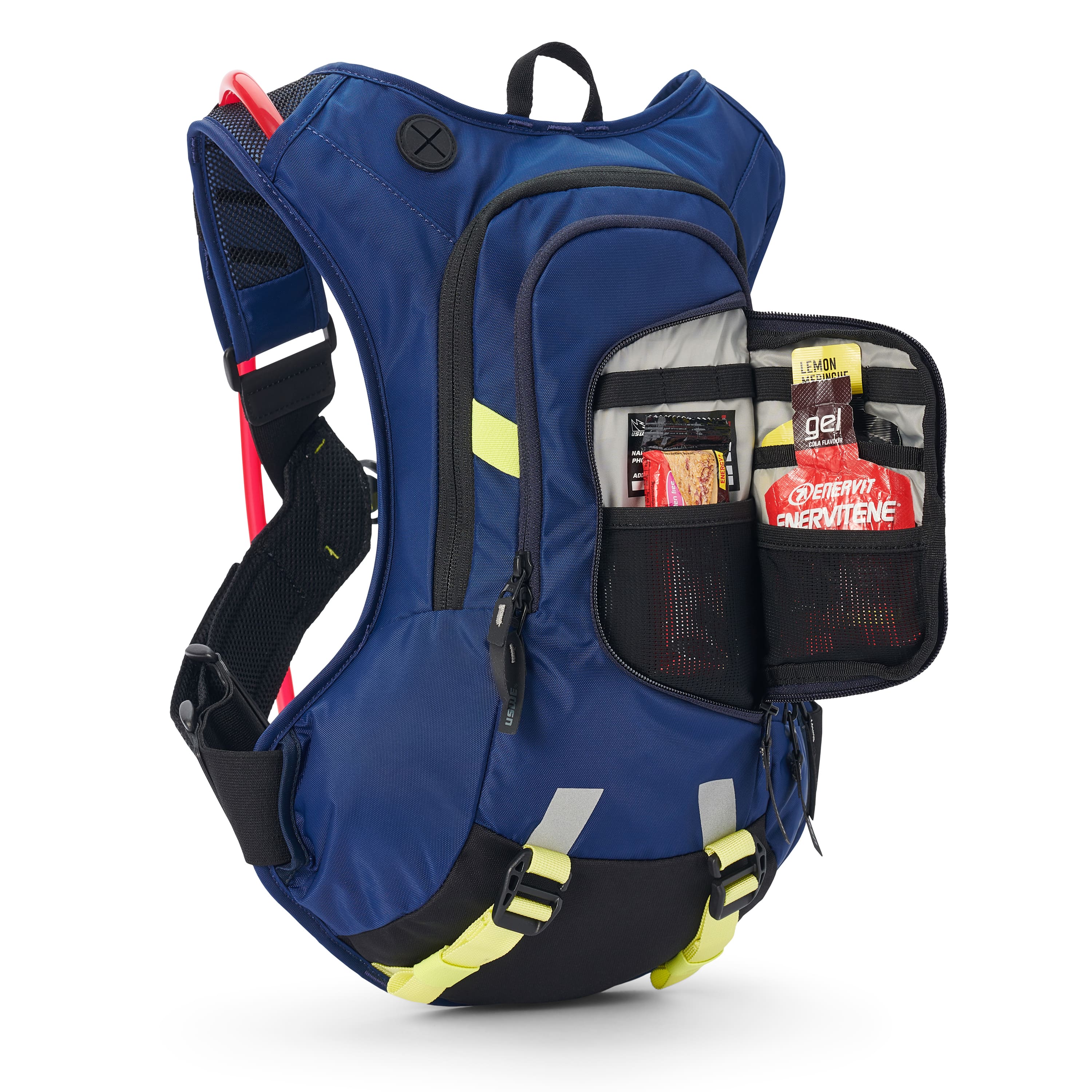 USWE Moto Hydro 8L hydration pack in blue with detachable front organizer pocket unzipped and positioned beside the pack, revealing mesh dividers holding Enervit energy gels and nutrition sachets, with yellow-green reflective accents on waist belt and shoulder straps.