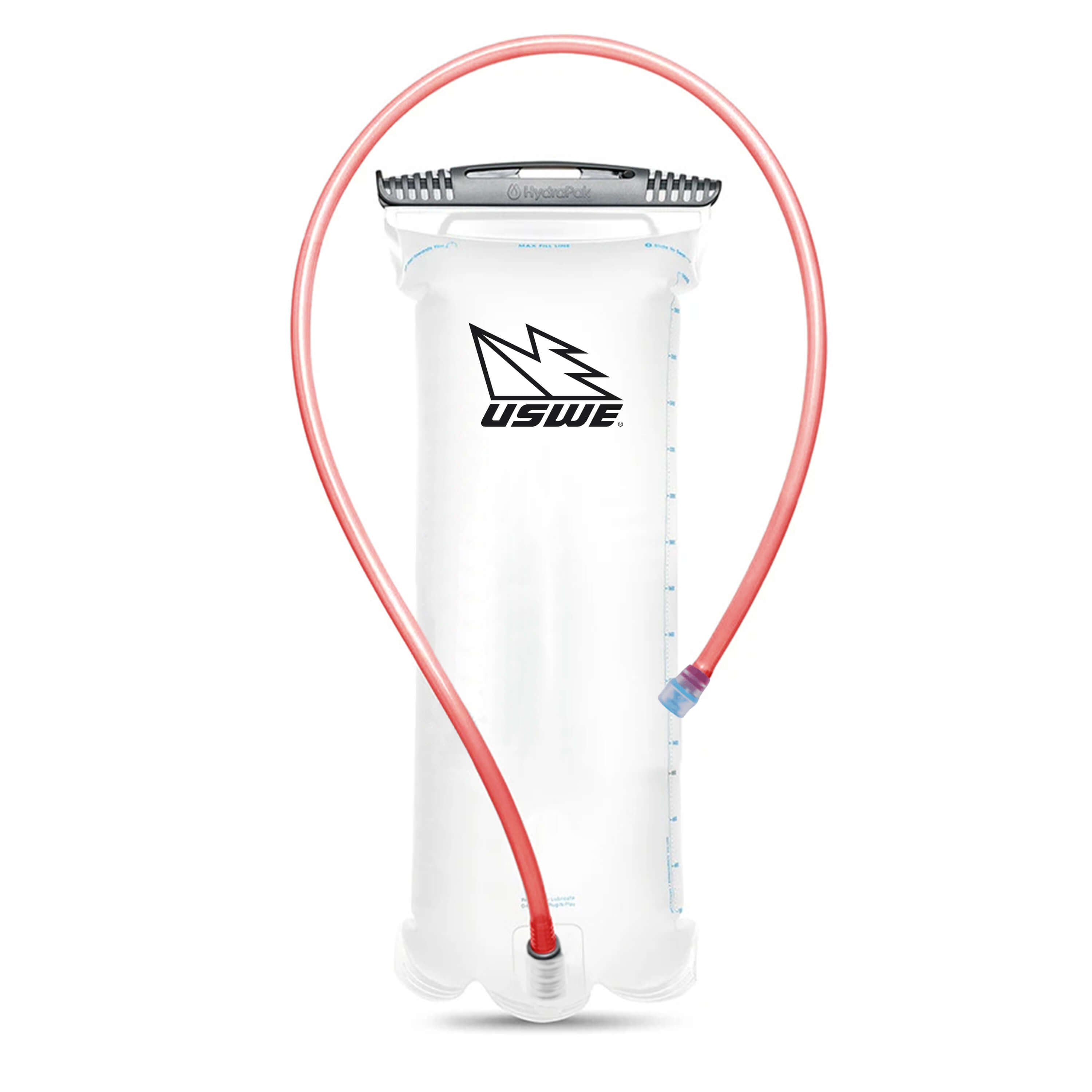 USWE 3L Elite hydration bladder with transparent reservoir featuring black lightning bolt logo, gray Slide-Seal top closure with integrated carry handle, and red drinking tube with bite valve, displayed against white background showing volume measurement markings.