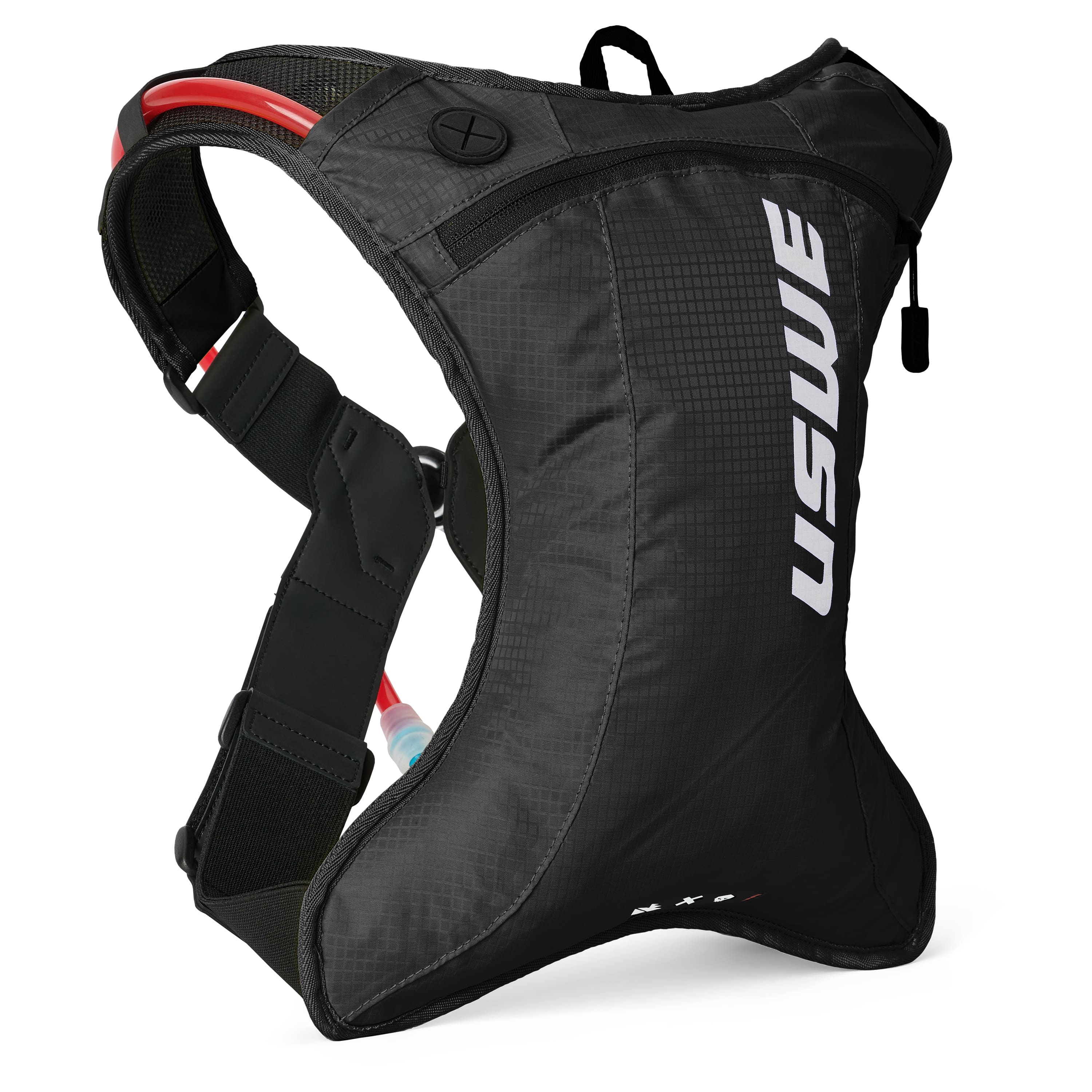 USWE OUTLANDER Moto 2L hydration pack in black with red hydration tube, featuring No Dancing Monkey 4-point harness system and ultralight ripstop construction for dirt bike and enduro riding.