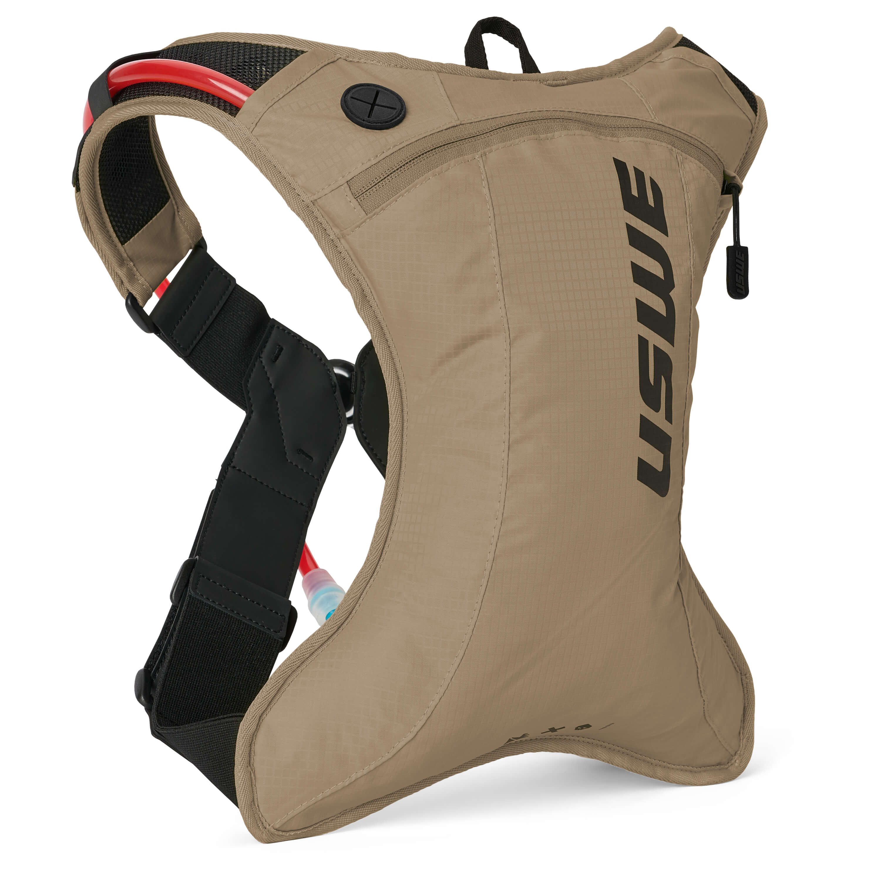 USWE OUTLANDER Moto 2L hydration pack in sand colorway with black vertical logo, showing side profile with adjustable waist strap, red hydration tube, and compact 2L body designed for dirt bike and enduro racing.