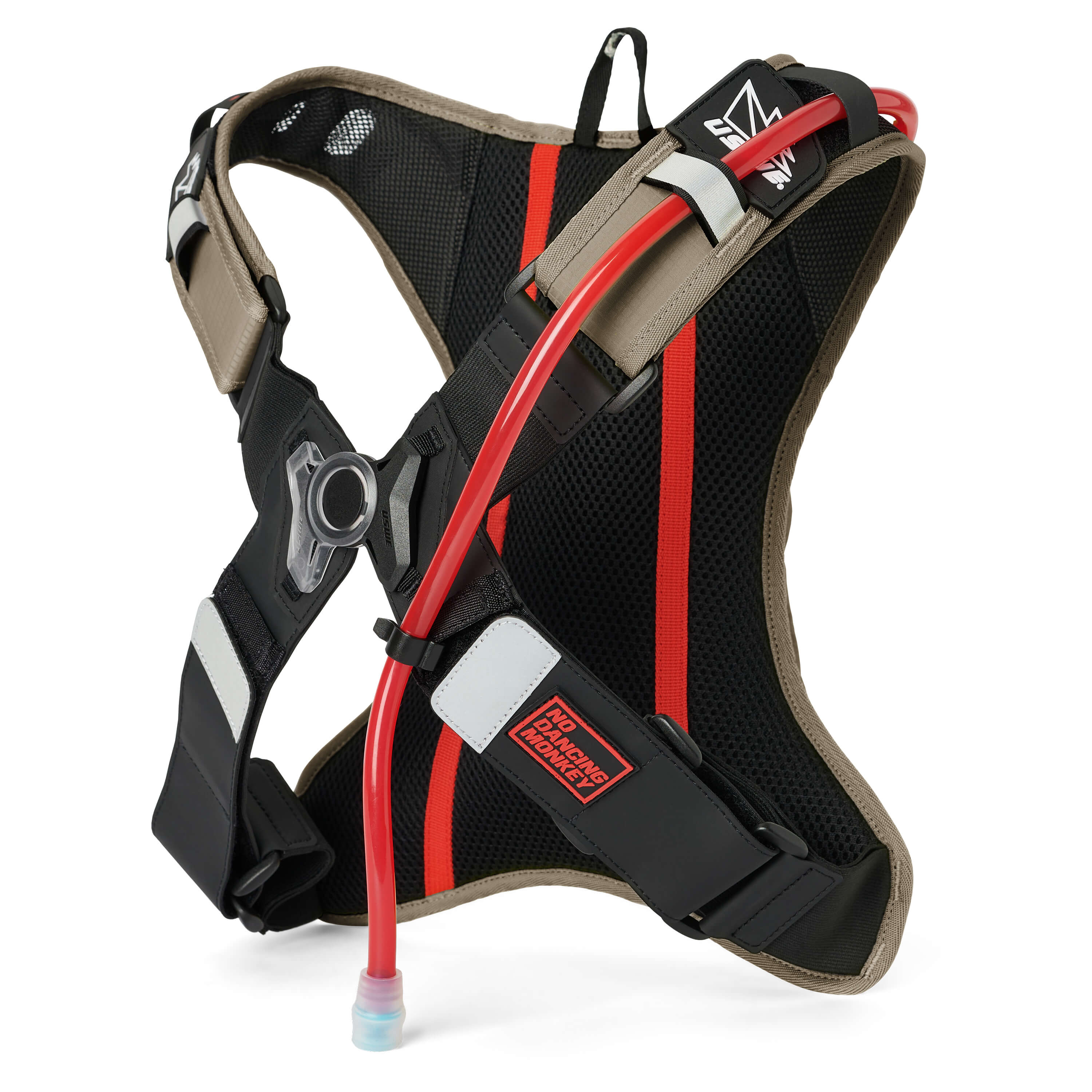 USWE OUTLANDER Moto 2L hydration pack in sand and black colorway, rear three-quarter view highlighting the ventilated mesh back panel, No Dancing Monkey harness buckle system with reflective accents, and red hydration tube with bite valve for motocross riding.