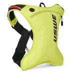 USWE OUTLANDER Moto 2L hydration pack in Crazy Yellow with black logo and harness straps, angled view showing the curved body design, adjustable waist belt with quick-release buckle, and red hydration tube routed through the shoulder strap for motocross and enduro racing.