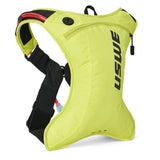 USWE OUTLANDER Moto 2L hydration pack in Crazy Yellow with black logo and harness straps, angled view showing the curved body design, adjustable waist belt with quick-release buckle, and red hydration tube routed through the shoulder strap for motocross and enduro racing.