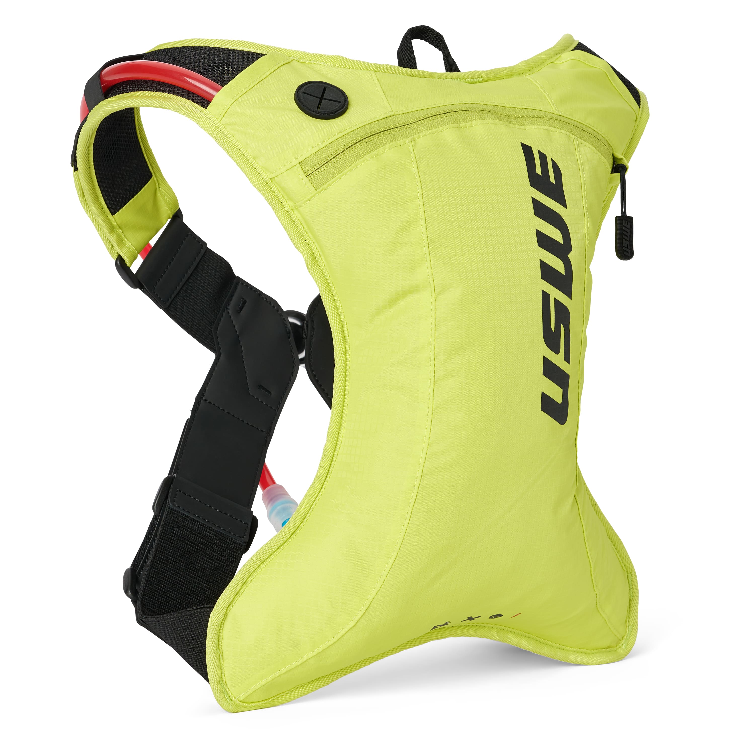 USWE OUTLANDER Moto 2L hydration pack in Crazy Yellow with black logo and harness straps, angled view showing the curved body design, adjustable waist belt with quick-release buckle, and red hydration tube routed through the shoulder strap for motocross and enduro racing.
