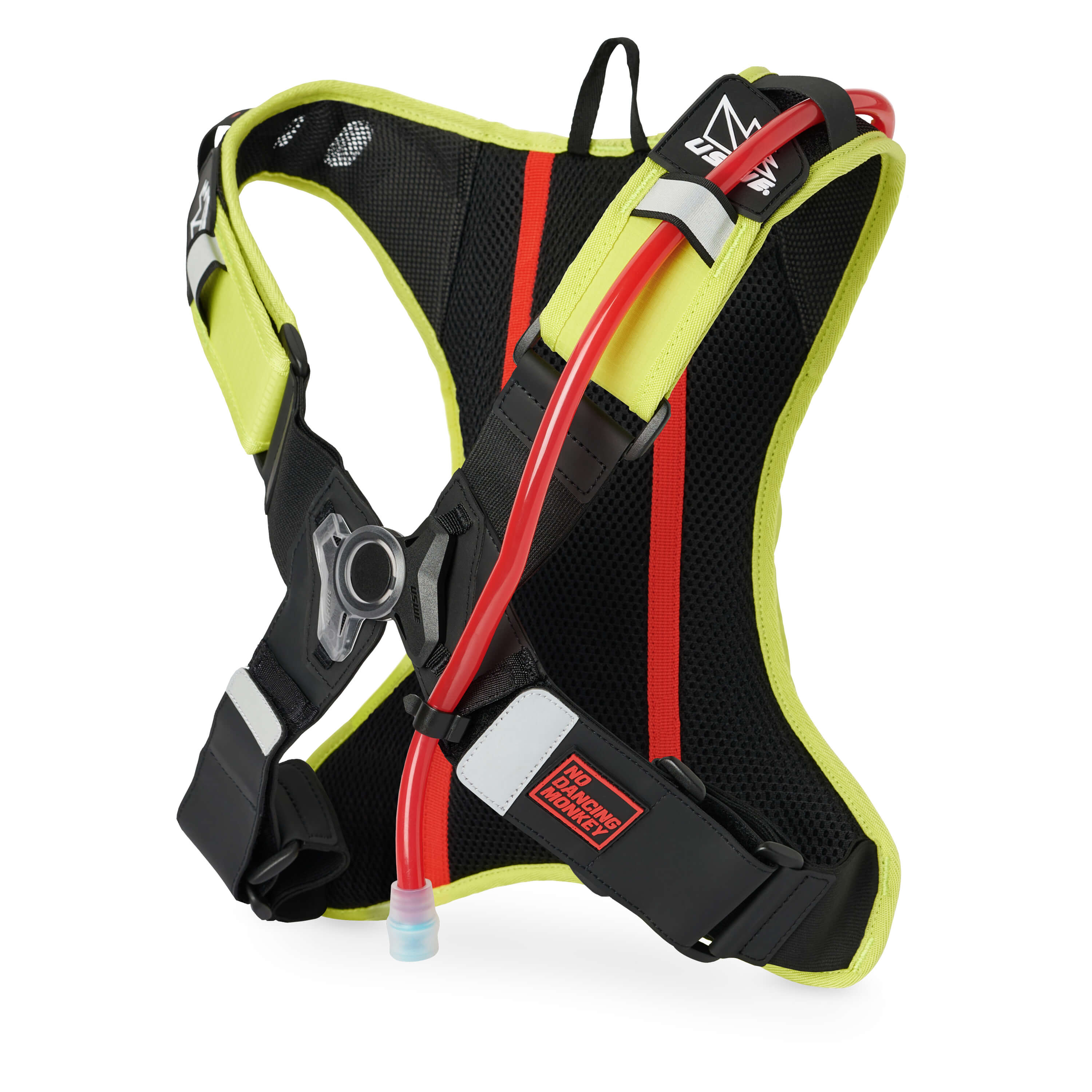 USWE OUTLANDER Moto 2L hydration pack in Crazy Yellow shown from rear angle, displaying breathable mesh back panel with reflective details, elastic 4-point harness with metal buckle, and red hydration tube secured through shoulder strap routing for dirt bike racing.