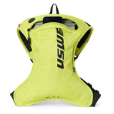 USWE OUTLANDER Moto 2L hydration pack in Crazy Yellow with top compartment fully open, revealing the 1.5L Elite Hydration Bladder with fixed tube coupling, smartphone storage, and curved ergonomic body construction for motocross and dirt bike racing.