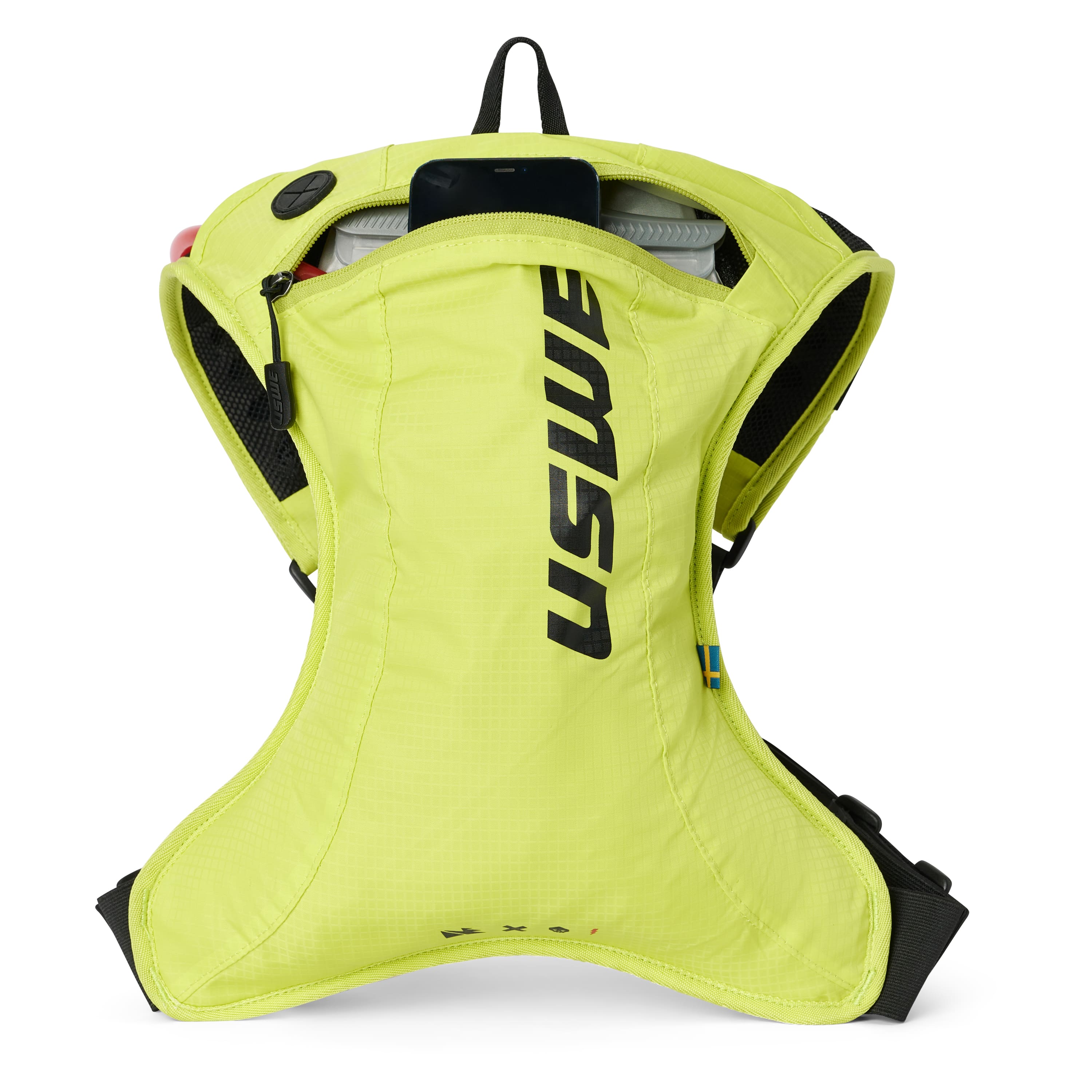 USWE OUTLANDER Moto 2L hydration pack in Crazy Yellow with top compartment fully open, revealing the 1.5L Elite Hydration Bladder with fixed tube coupling, smartphone storage, and curved ergonomic body construction for motocross and dirt bike racing.