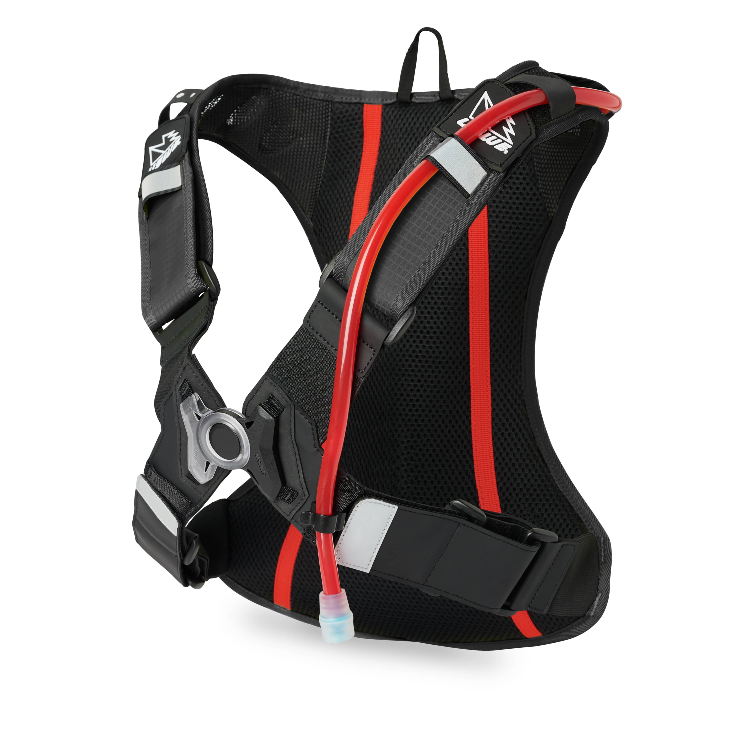 USWE OUTLANDER 4L Moto Hydration Pack photographed from back panel view highlighting breathable black mesh construction with red vertical accent stripe, elastic NDM 4-point harness system with reflective details, and waist buckle with integrated hose management.