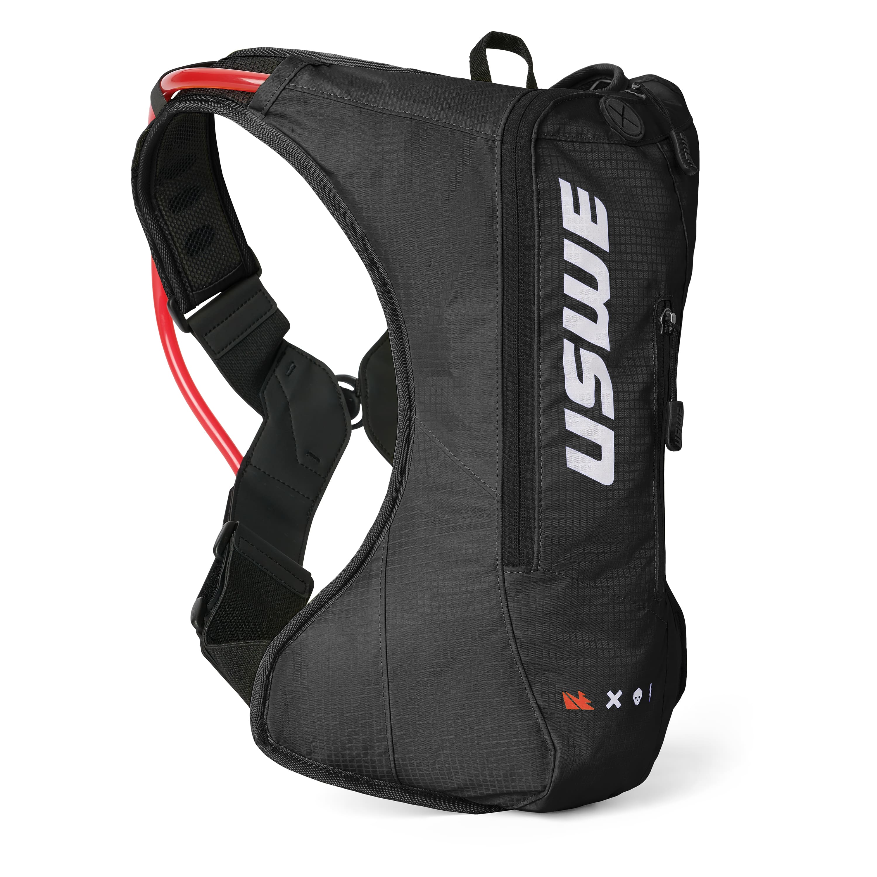 USWE OUTLANDER 4L hydration pack in black with white vertical branding, photographed from side angle showing elastic shoulder straps, adjustable waist belt, and red hydration bladder visible at top opening.