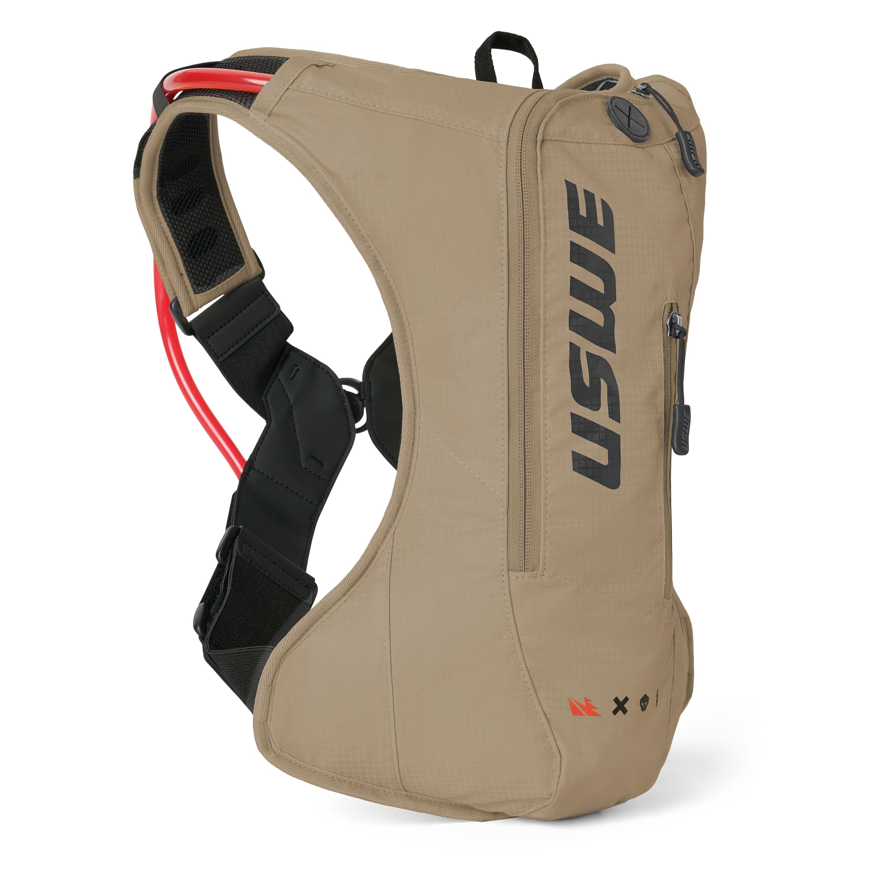 USWE OUTLANDER 4L hydration pack in tan colorway with black vertical logo, photographed at three-quarter front angle showing elastic shoulder harness with mesh padding, adjustable waist strap, and red hydration bladder visible at top compartment.