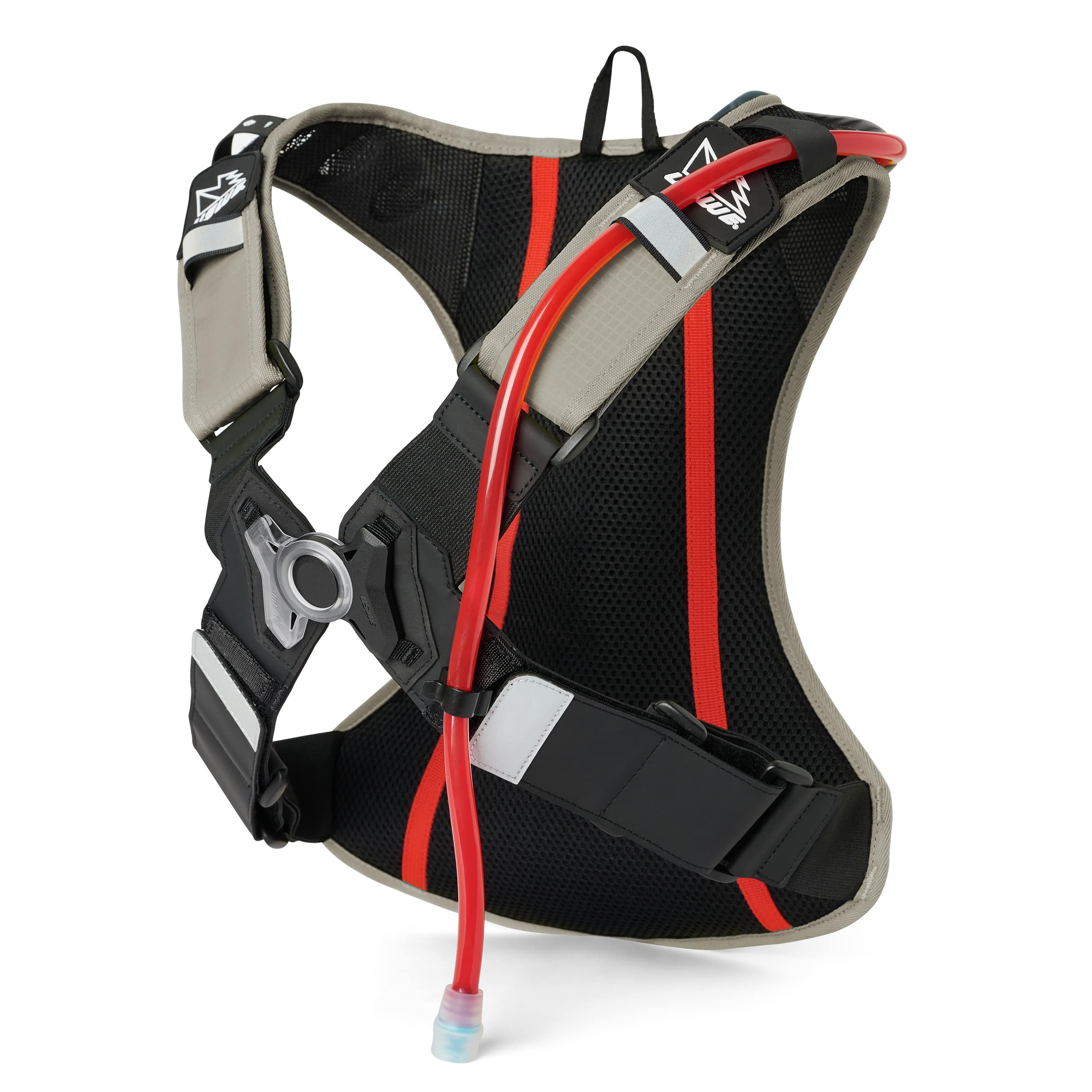 USWE OUTLANDER 4L Moto Hydration Pack in tan and black photographed from rear three-quarter perspective, showcasing breathable mesh back panel with red vertical stripe, NDM elastic harness with gray shoulder straps, waist buckle system, and red hydration tube routed through the pack.