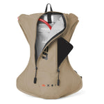 Tan USWE OUTLANDER 4L hydration pack displayed with front compartment unzipped at an angle, showing 3L Elite bladder with red hose alongside smartphone in the main storage area, with USWE icon graphics visible on the lower exterior.