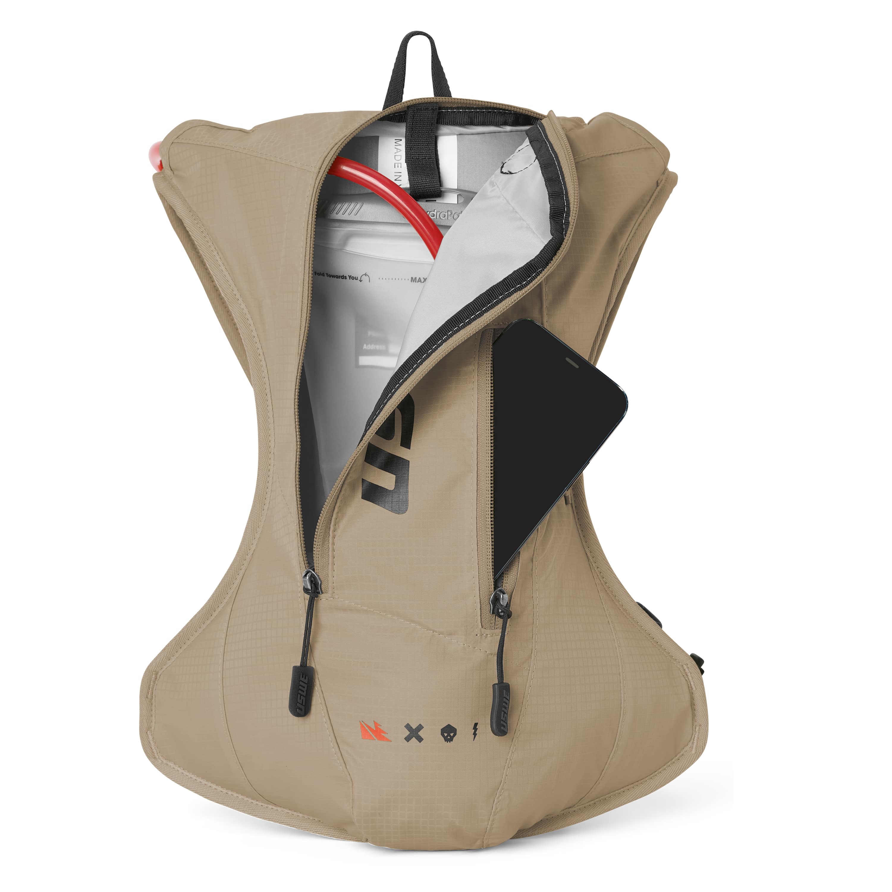 Tan USWE OUTLANDER 4L hydration pack displayed with front compartment unzipped at an angle, showing 3L Elite bladder with red hose alongside smartphone in the main storage area, with USWE icon graphics visible on the lower exterior.