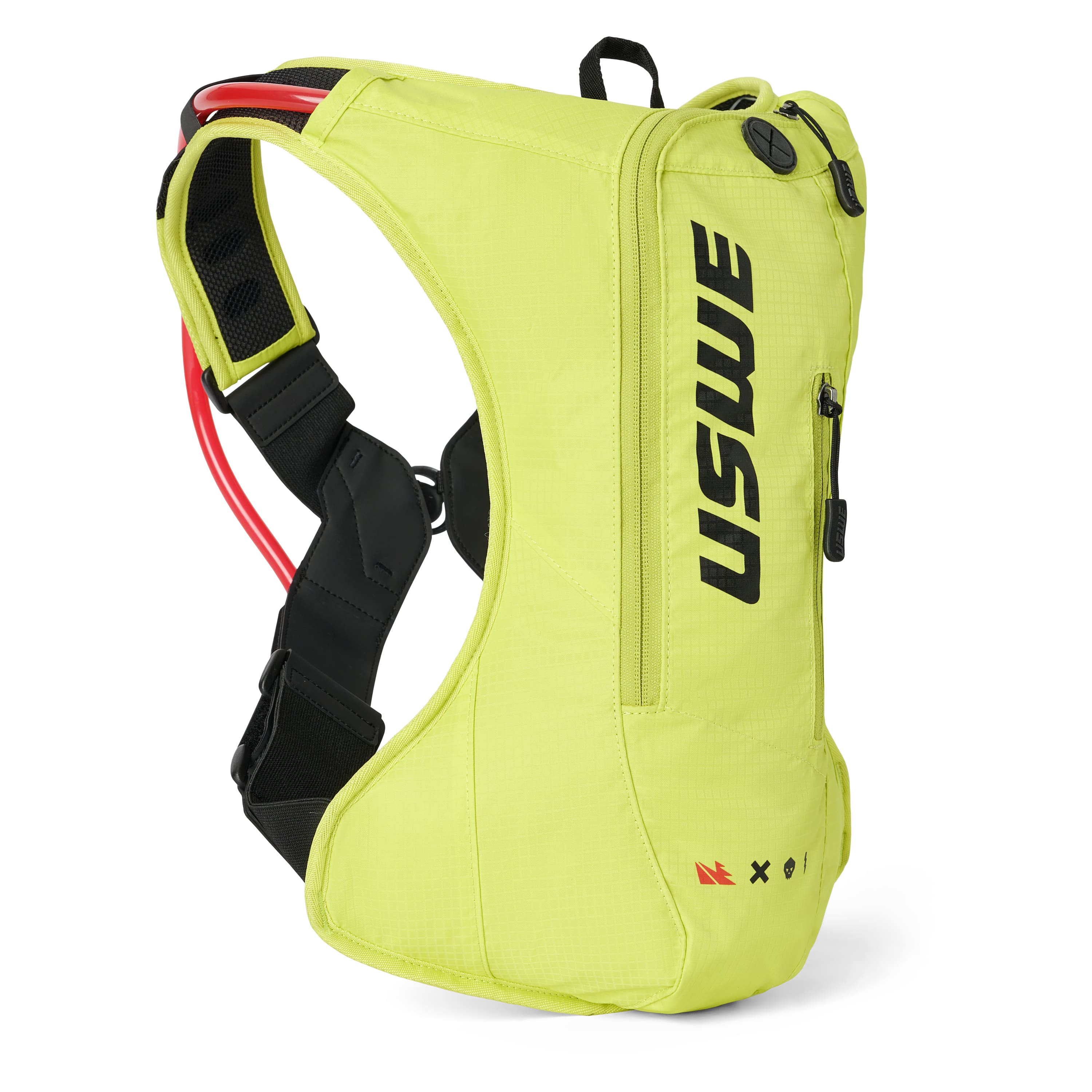 USWE OUTLANDER 4L Moto Hydration Pack in high-visibility yellow with elastic NDM harness straps and red hydration tube, shown from three-quarter angle displaying slim vertical profile and brand logo.
