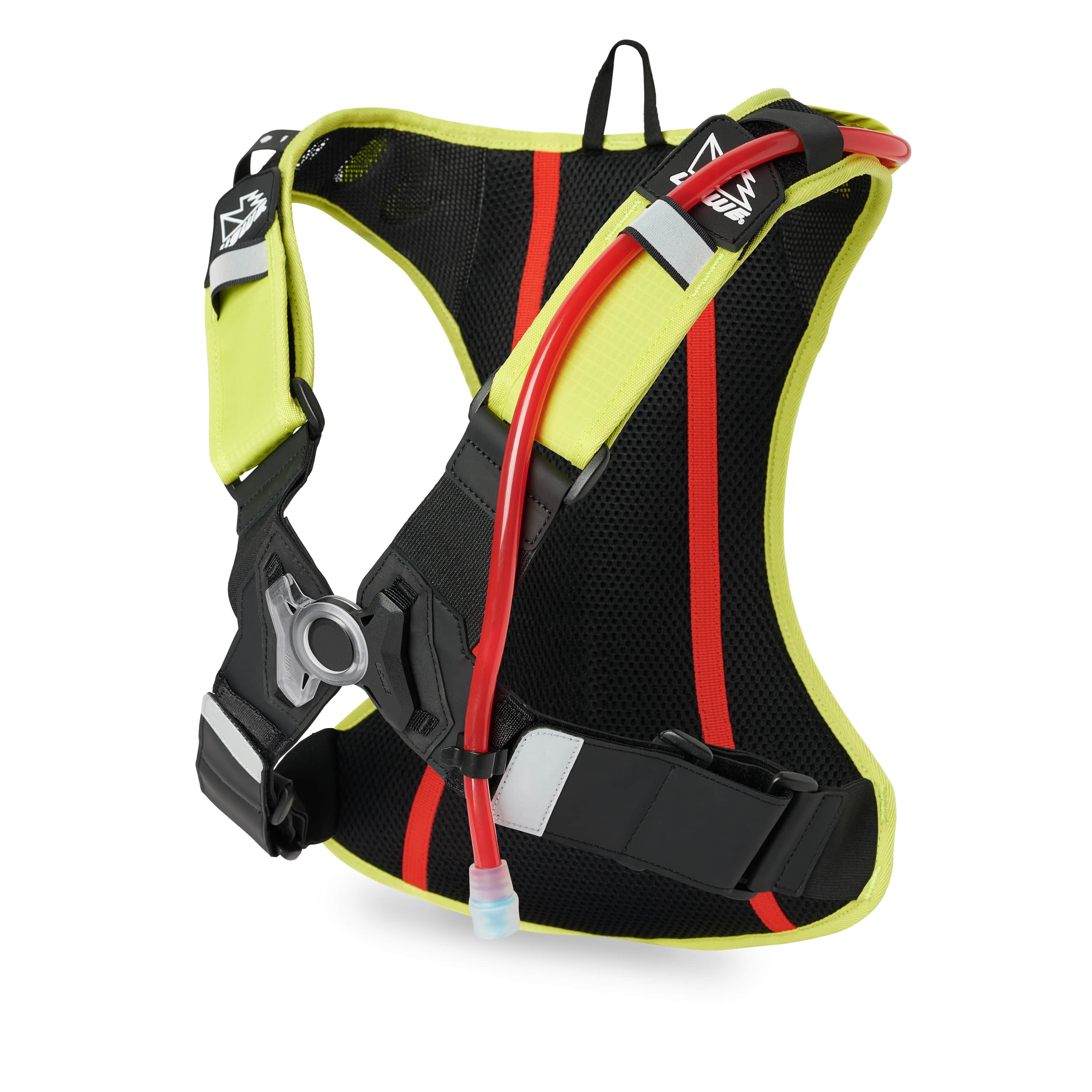 Yellow USWE OUTLANDER 4L hydration pack shown from rear angle revealing black mesh back panel with red center stripe, adjustable waist buckle, and integrated red hydration hose routing through 4-point harness system.