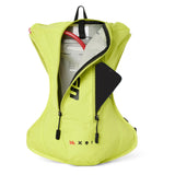 USWE OUTLANDER 4L Moto Hydration Pack shown with main compartment unzipped, revealing 3L Elite hydration bladder with red tube and smartphone inside the storage area, demonstrating compact 4L capacity for essential gear.