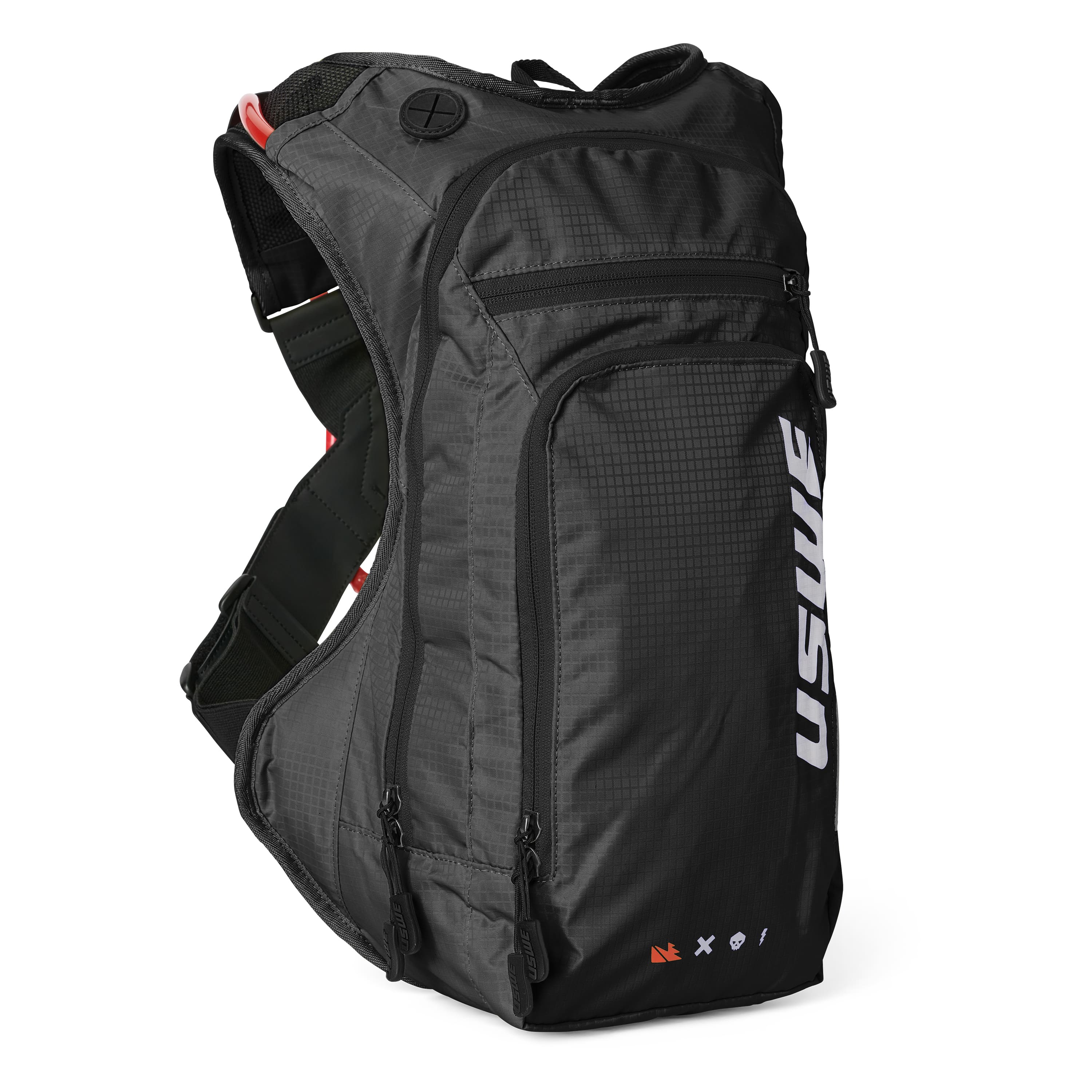 USWE OUTLANDER Moto 9L motorcycle hydration pack in Black colorway with white vertical logo branding, ripstop fabric construction, and red hydration tube visible on elastic shoulder harness.