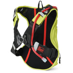 Back view of USWE OUTLANDER Moto 9L motorcycle hydration pack in Crazy Yellow showing No Dancing Monkey harness system with red hydration tube routing and breathable mesh back panel.