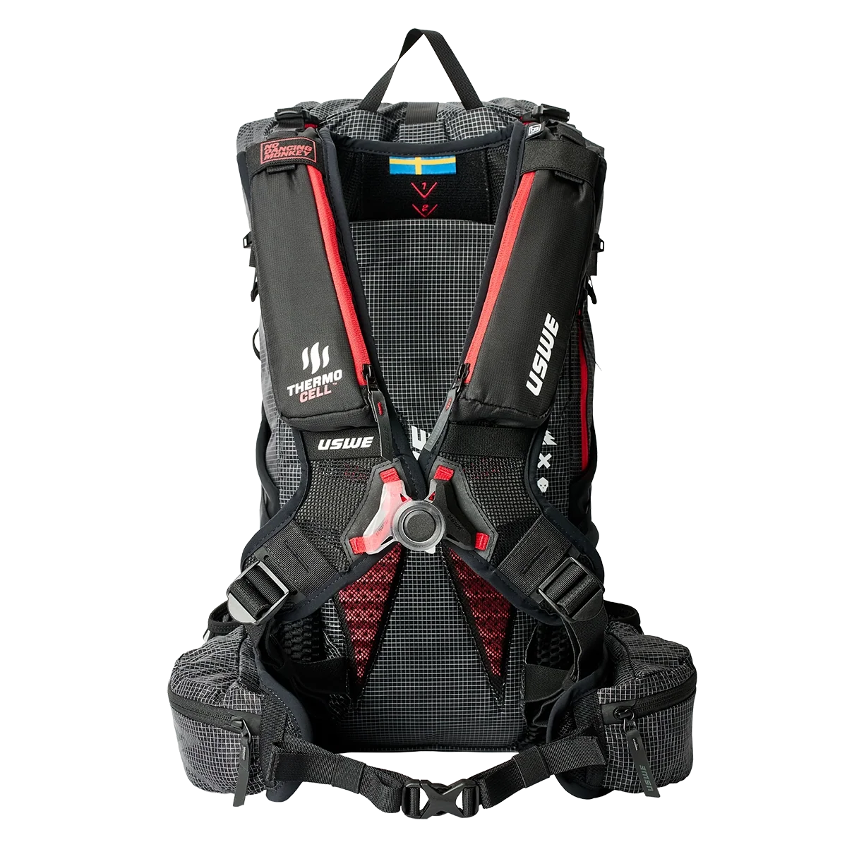 USWE VST Termocell Winter Harness with insulated shoulder strap pockets and red elastic straps shown on black hydration backpack from rear view. The Termocell thermal insulation system features body heat trapping pockets along both shoulder straps to prevent hydration tube freezing in cold weather conditions.