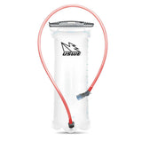 USWE 1.5 liter Elite hydration bladder with wide slider opening, red drink tube, and volume measurement markings displayed on white background.