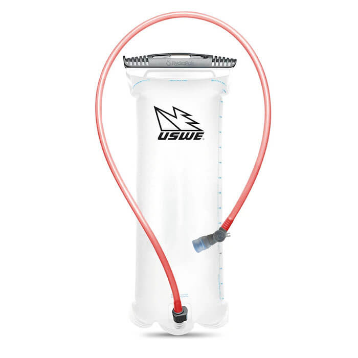 USWE 1.5 liter Elite hydration bladder with wide slider opening, red drink tube, and volume measurement markings displayed on white background.
