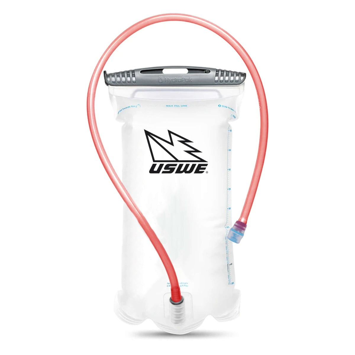 USWE 1.5L Elite Hydration Bladder with red drinking tube and bite valve, featuring wide-mouth opening with gray screw-top cap, volume markings, and USWE flash logo on transparent reservoir designed for motocross and enduro hydration packs.